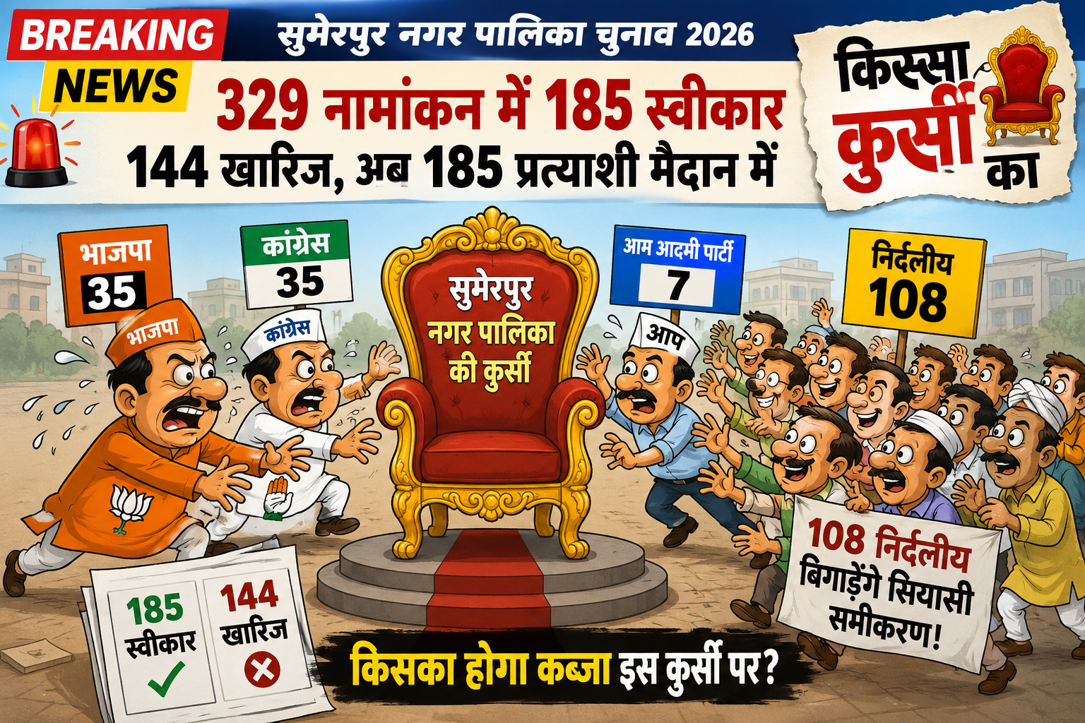 सुमेरपुर में “किस्सा कुर्सी का” और दिलचस्प, 329 में 185 नामांकन स्वीकार, 144 खारिज भाजपा-कांग्रेस के 35-35 प्रत्याशी, AAP के 7 उम्मीदवार मैदान में; 108 निर्दलीयों पर टिकी निगाहें—नाम वापस लेंगे या मैदान में डटे रहेंगे ? 
